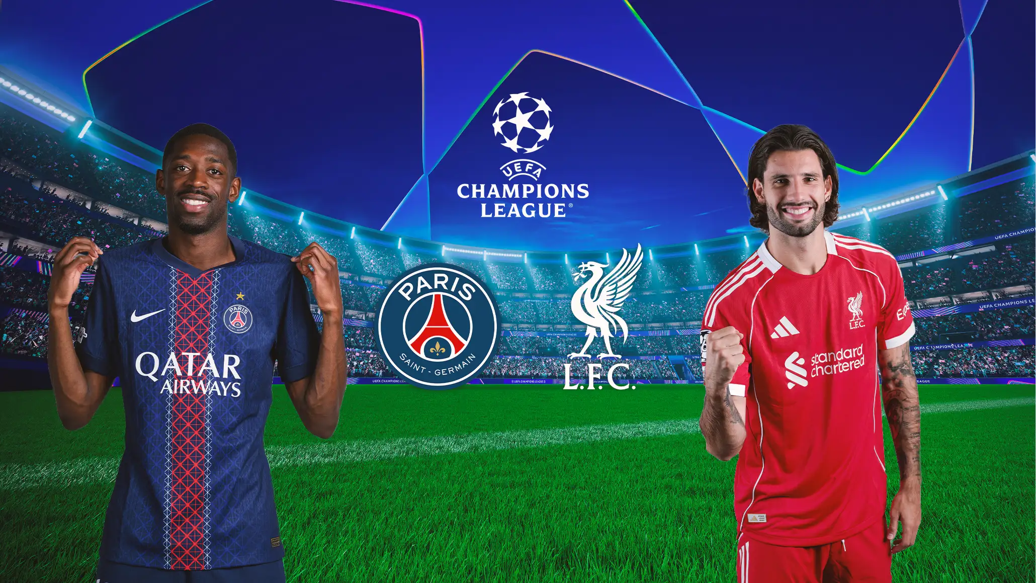 PSG gegen Liverpool in der UEFA Champions League mit Spielern beider Teams vor Stadionhintergrund.