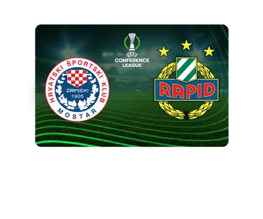 UEFA Conference League Matchbanner Zrinjski Mostar gegen SK Rapid mit UECL Logo mittig.