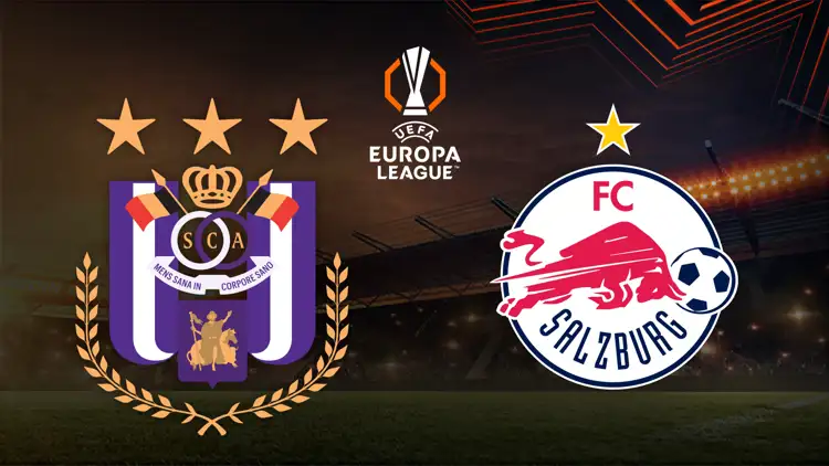 UEFA-Europa-League-Grafik mit den Vereinslogos von FC Salzburg und RSC Anderlecht vor Europa League Hintergrund.