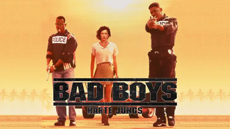 Filmplakat „Bad Boys: Harte Jungs“ mit drei Personen vor orangefarbenem Hintergrund, Titel groß im Vordergrund.