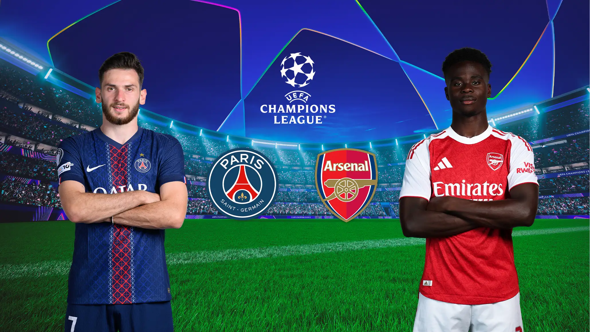 UEFA Champions League Grafik mit Spielern von Paris St. Germain und Arsenal FC vor Stadionhintergrund.