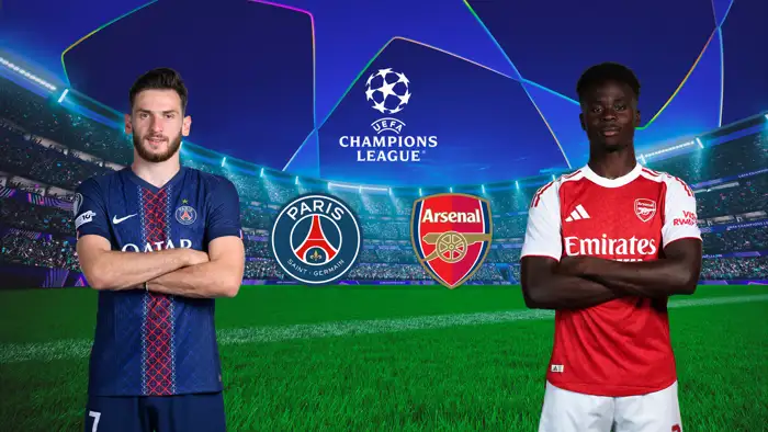 UEFA Europa League Grafik mit Spielern von PSG und Arsenal vor Stadionhintergrund.