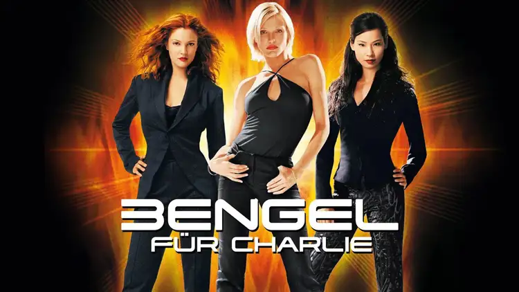 Filmplakat „3 Engel für Charlie“ mit drei Personen vor leuchtendem Hintergrund und Titel unten.