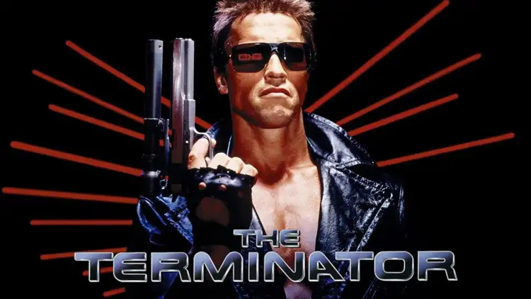 Filmplakat „The Terminator“ mit Person in Lederjacke und Sonnenbrille, die eine Waffe hält, vor dunklem Hintergrund mit rotem Lichtdesign.