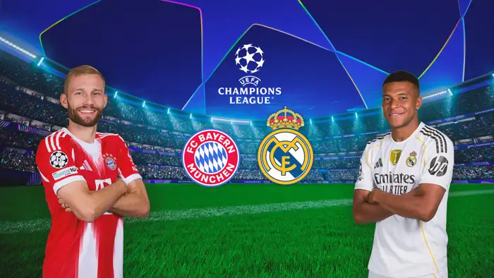 FC Bayern gegen Real Madrid in der Champions League League: Spieler beider Teams vor Stadionhintergrund mit Teamlogos.
