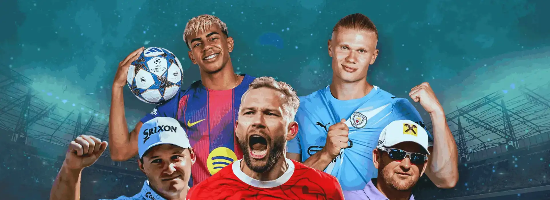 Fußball‑ und Golfspieler in sportlicher Pose vor Stadionhintergrund