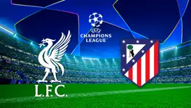 UEFA-Champions-League-Grafik mit den Vereinslogos von Liverpool und Atletico Madrid vor einem Flutlichtstadion.