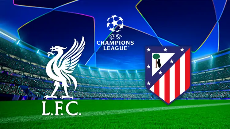 UEFA-Champions-League-Grafik mit den Vereinslogos von Liverpool und Atletico Madrid vor einem Flutlichtstadion.