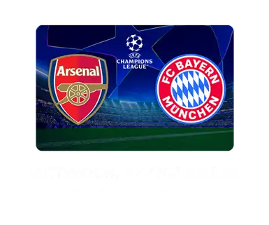 UEFA Champions Leauge Matchbanner FC Arsenal gegen FC Bayern mit Teamlogos vor Stadionhintergrund.