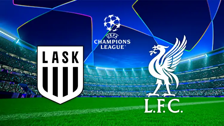 UEFA-Champions-League-Grafik mit den Vereinslogos von Liverpool und LASK vor einem Flutlichtstadion.