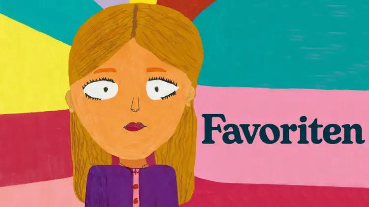 Plakat „Favoriten“ im Stil einer bunten Zeichenstiftmalerei, eine Frau ist zu sehen, dder Hintergrund teilt sich auf diverse Farben auf, der Titel ist zu sehen.