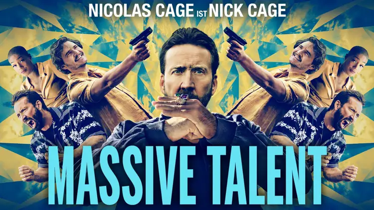 Filmplakat „Massive Talent“ mit Nicolas Cage und gespiegelt angeordneten Figuren im Hintergrund, die Pistolen halten, in gelb-blauem Grafikstil.