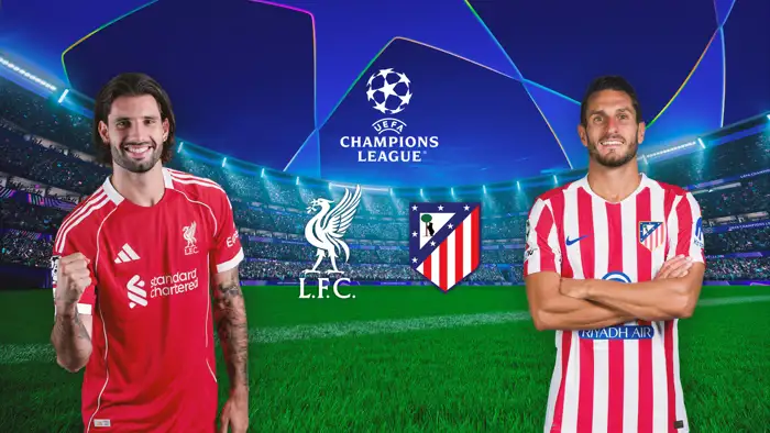 UEFA-Champions-League-Grafik mit den Spielern von Liverpool und Atletico Madrid vor einem Flutlichtstadion.