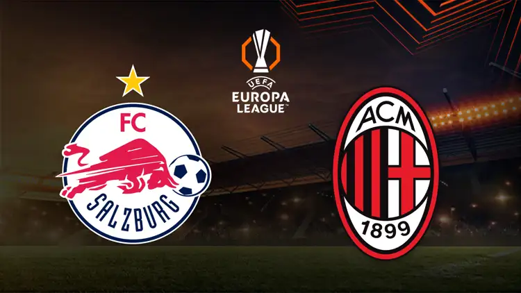 UEFA-Europa-League-Grafik mit den Vereinslogos von FC Salzburg und AC Milan vor einem Flutlichtstadion.