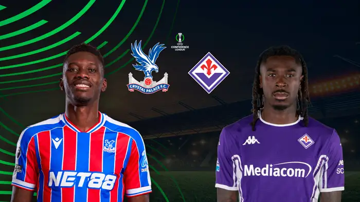 Crystal Palace gegen Fiorentina in der Conference League: Spieler beider Teams vor UECL-Hintergrund mit Logos.