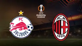UEFA-Europa-League-Grafik mit den Vereinslogos von FC Salzburg und AC Mailand vor Europa League Hintergrund.