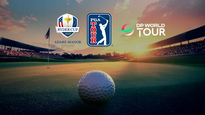 Ein Golfplatz bei Abendsonne, im Zentrum liegt ein Golfball, über ihm die Logos des Ryder Cup 2027, der PGA Tour und DP World Tour.