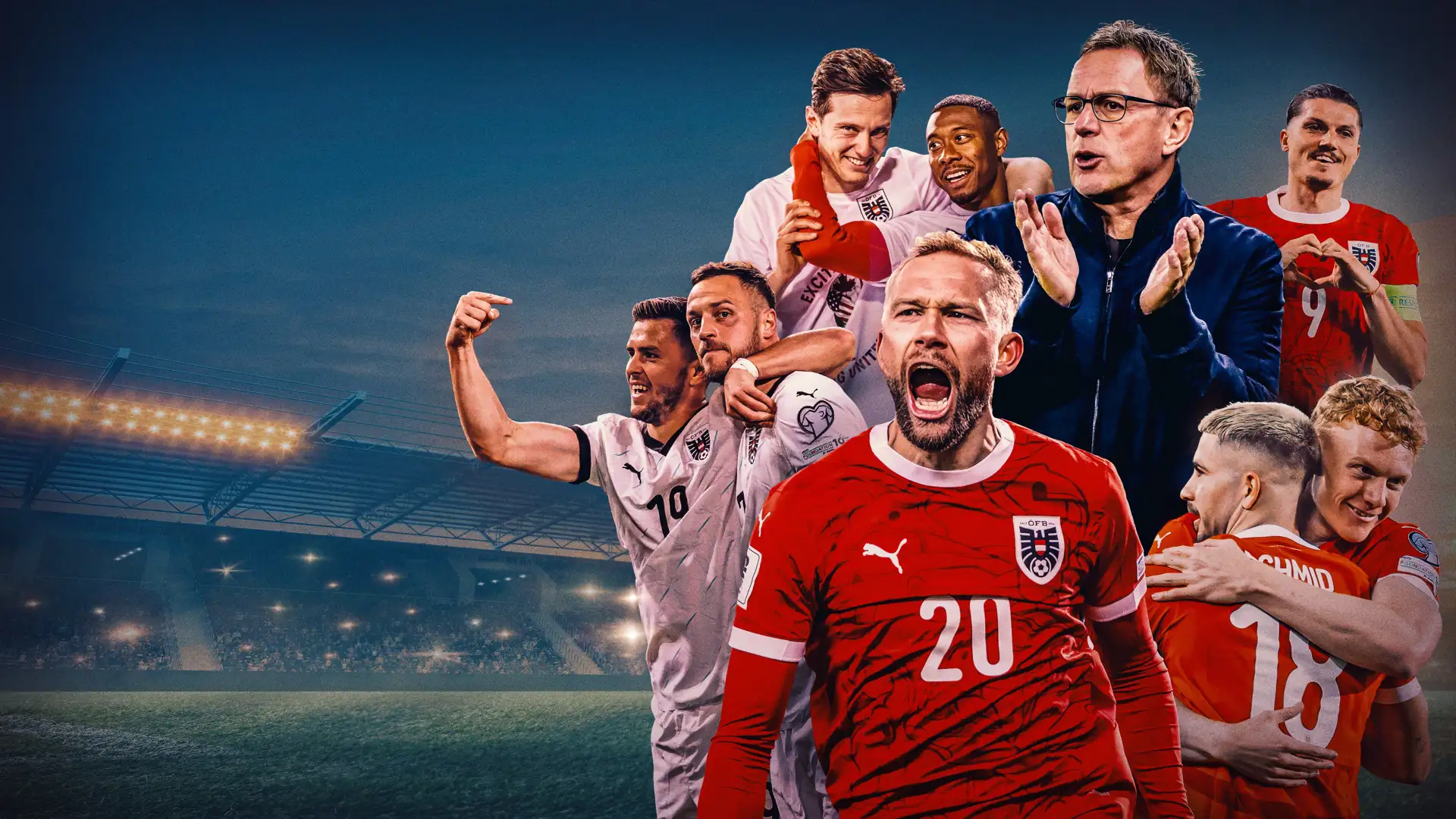 Keyart zur zweiten Staffel von „Teamgeist – Unser Weg“ mit Österreichs Nationalteam und Stadionkulisse auf CANAL+.