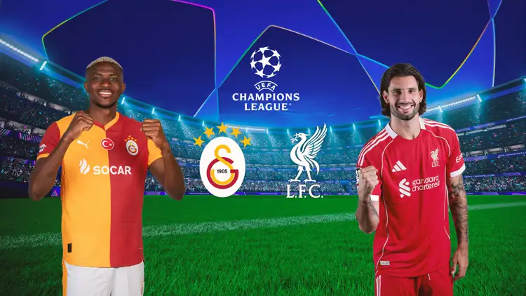Zwei Fußballspieler von Galatasaray und Liverpool vor Stadionhintergrund mit UCL Logo.
