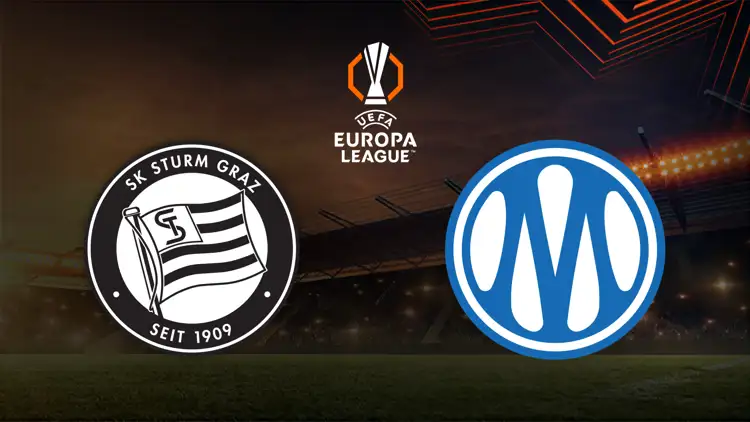 UEFA-Europa-League-Grafik mit den Vereinslogos von Sturm Graz und Olympique Marsielle  vor einem Flutlichtstadion.
