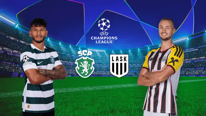 UEFA Champions League Grafik mit den Spielern von Sporting Lissabon und LASK vor UCL-Hintergrund.