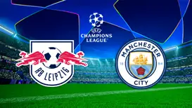 UEFA-Champions-League-Grafik mit den Vereinslogos von RB Leipzig und Manchester City vor Stadionhintergrund.