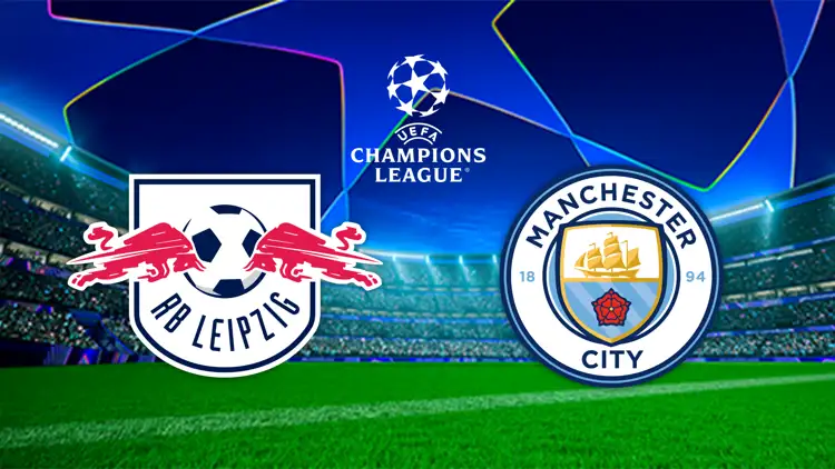 UEFA-Champions-League-Grafik mit den Vereinslogos von RB Leipzig und Manchester City vor Stadionhintergrund.