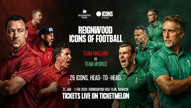 Reignwood Icons Turniergrafik mit zwei Fußballspielern, welche zum Golfturnier antreten.