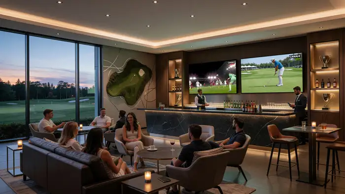 CANAL+ Golf Lounge mit Bar, Gästen, Live-Sport auf Großbildschirmen und Blick auf den Golfplatz