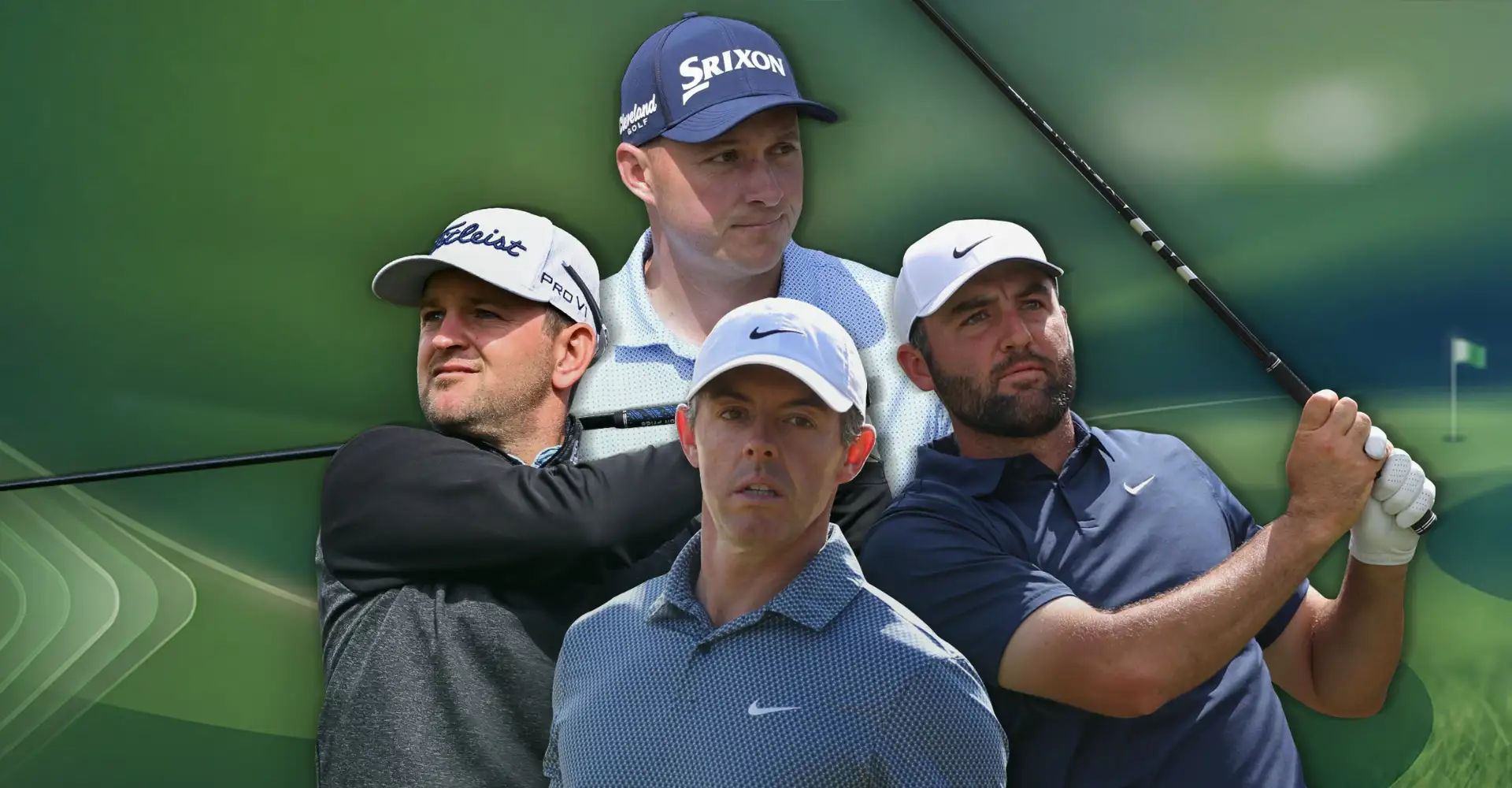 Golf auf CANAL+: Collage mit mehreren Profigolfern in Aktion vor grünem Golfplatz-Hintergrund.