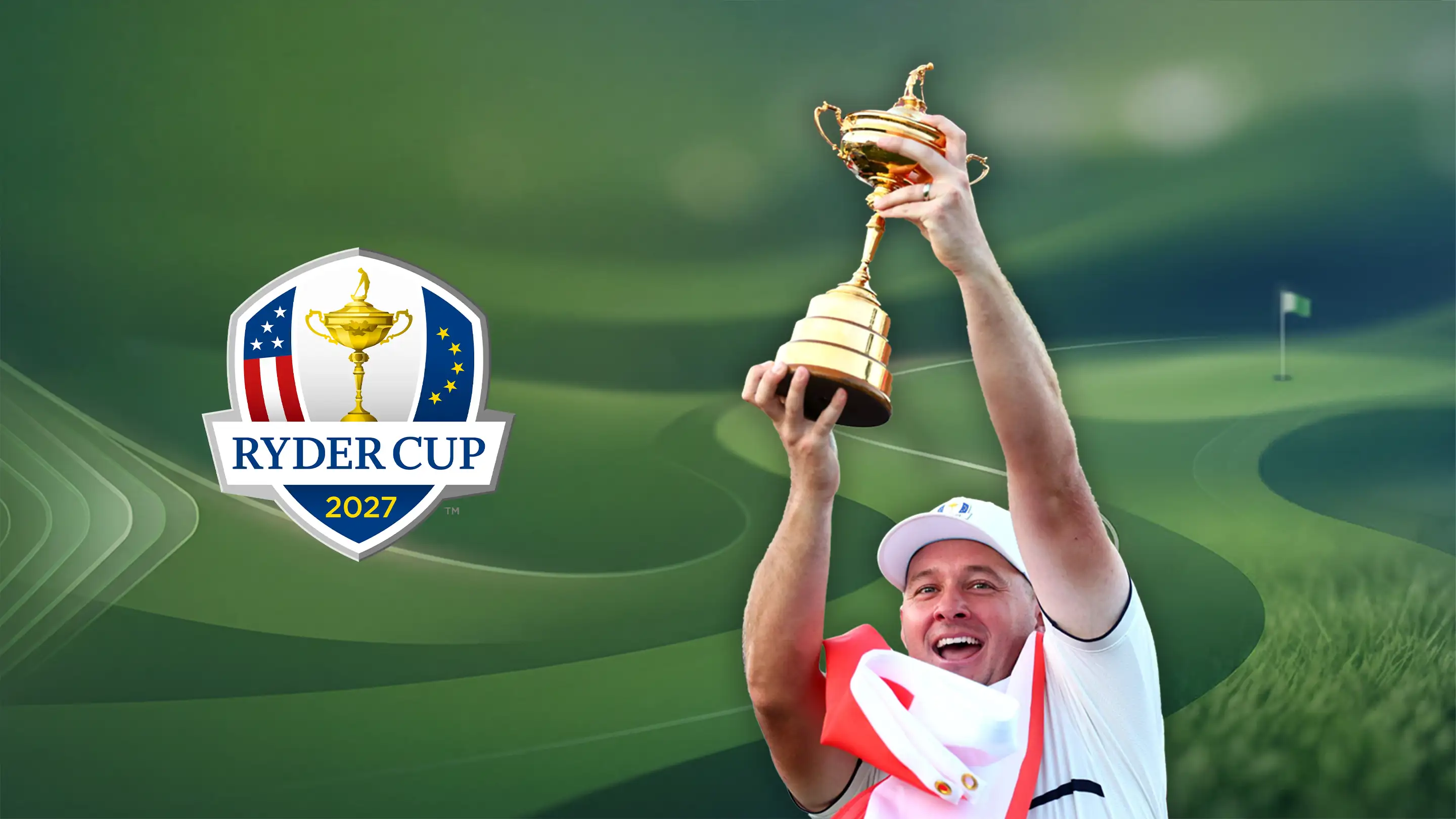 Golfspieler hebt eine goldene Ryder‑Cup‑Trophäe in die Höhe, daneben das Logo des Ryder Cup 2027