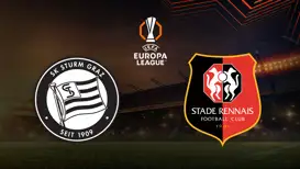 UEFA-Europa-League-Grafik mit den Vereinslogos vonSturm Graz und Stade Rennes vor Europa League Hintergrund.