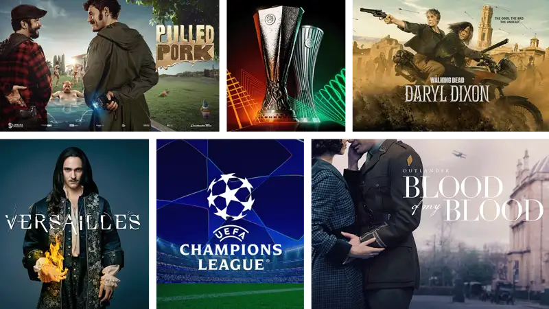 Collage mit Motiven aus ‚Pulled Pork‘, UEFA Europa League, ‚The Walking Dead: Daryl Dixon‘, ‚Versailles‘, UEFA Champions League und ‚Outlander: Blood of My Blood‘.