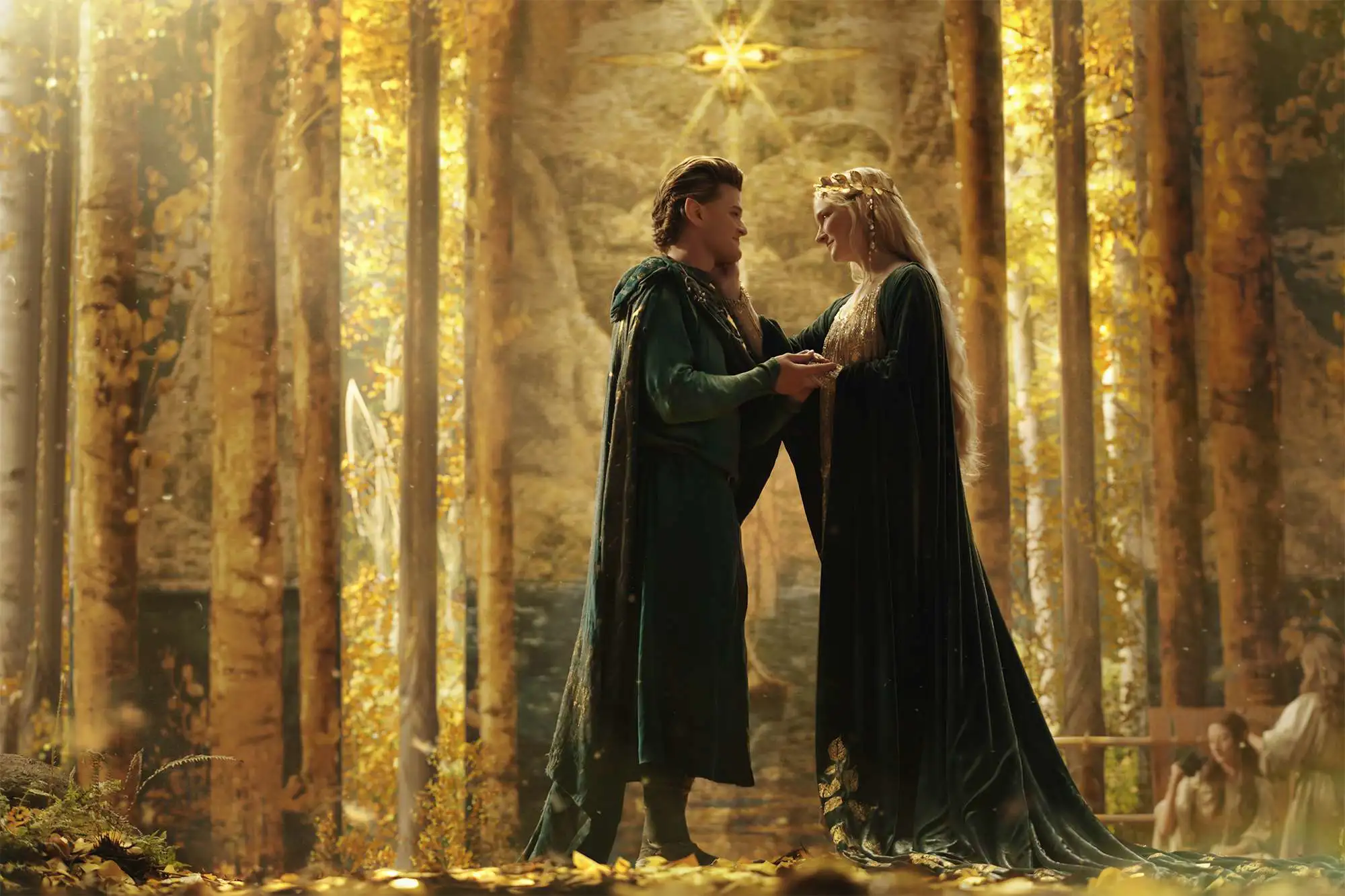 Ringe der Macht Szene: Elrond und Galadriel sprechen.