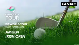 DP World Tour Grafik, auf einem Rasen wird ein Golfball geschlagen