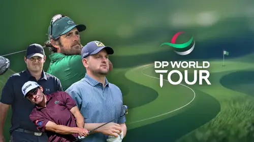 DP World Tour Golf auf CANAL+: Collage mit mehreren Profigolfern und DP World Tour Logo vor grünem Golfplatz-Hintergrund