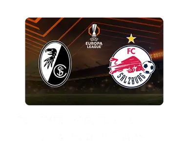 UEFA Europa Leauge Matchbanner SC Freiburg gegen FC Salzburg mit Teamlogos vor UEL-Hintergrund.