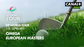 DP World Tour Grafik, auf einem Rasen wird ein Golfball geschlagen